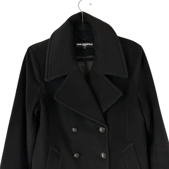 Stunning Karl Lagerfeld Black Double Breasted Wool Cashmere Pea Coat Jacket - Picture 7 of 11